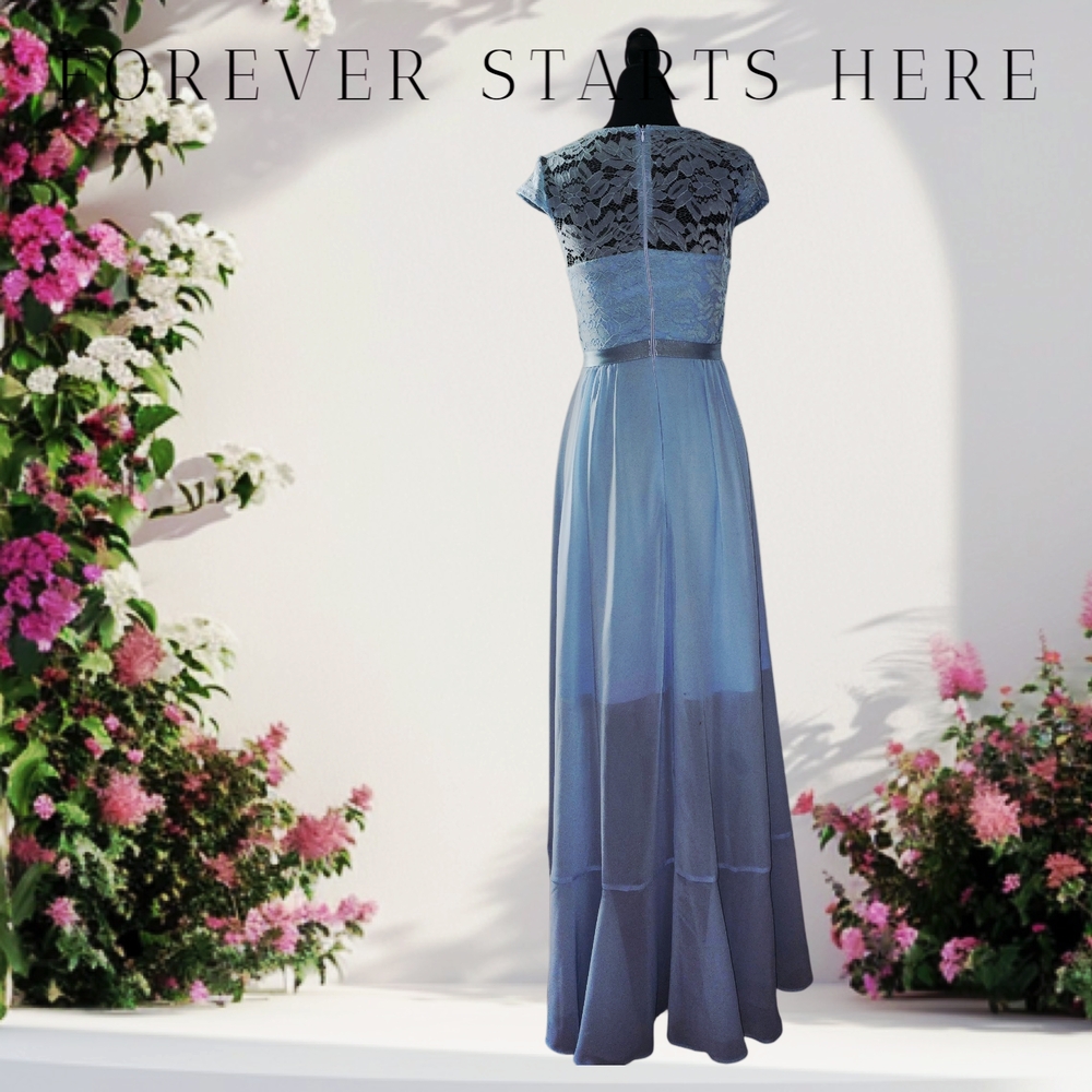 Blue Asymmetrical High-Low Maxi Dress with Flutter Cap Sleeves - Picture 4 of 5